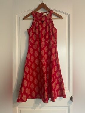 Mata Traders Red Beige Geometric A-Line Dress 100% Cotton Keyhole Pockets XS
